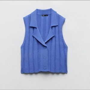 Zara Blue Chenille Ribbed Collared Crop Sleeveless Button Up Top